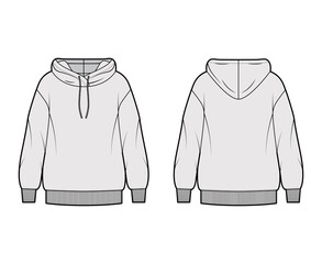 Hoody sweatshirt technical fashion illustration with long sleeves, oversized body, knit rib cuff, banded hem. Flat large apparel template front, back, grey color style. Women, men, unisex CAD mockup