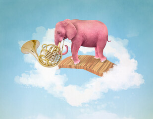 Pink elephant in the sky with a french horn. 3D Illustration