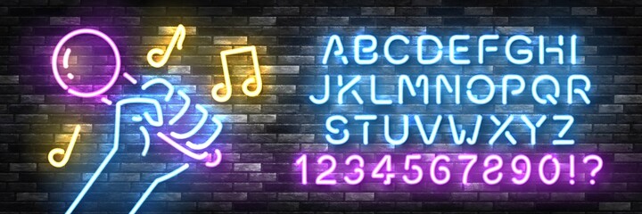 Vector realistic isolated neon sign of Karaoke with easy to change color font alphabet for template decoration and invitation covering on the wall background. Concept of karaoke, night club and music.