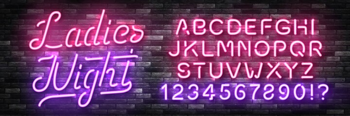 Vector realistic isolated neon sign of Ladies Night with easy to change color font alphabet for template decoration and invitation covering on the wall background. Concept of night club and party.