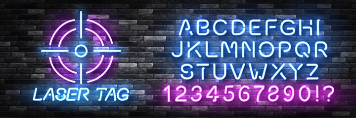 Vector realistic isolated neon sign of Laser Tag logo with easy to change color font alphabet for decoration and covering on the wall background. - obrazy, fototapety, plakaty