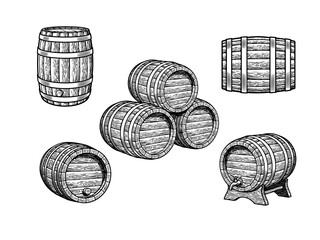 Vintage set of old wooden barrels for beer, wine, whisky, rum in different positions. Three stacked casks, barrel with tap on the stand. Vector illustration.