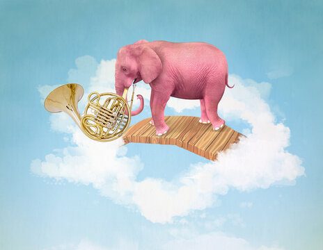 Pink elephant in the sky with a french horn. 3D Illustration