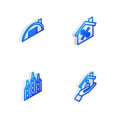 Set Isometric line House with percant discount, Warehouse, Skyscraper and Realtor icon. Vector