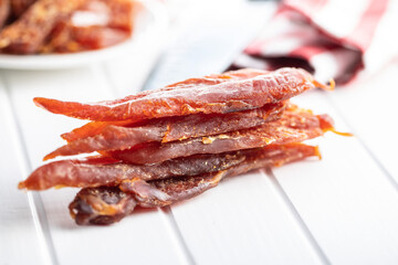 Dried chicken meat. Tasty jerky meat.