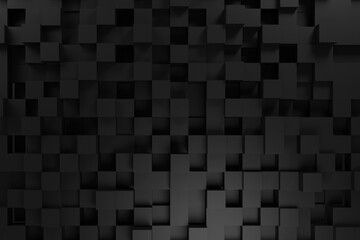 Realistic black solid cubes with a shadow of the same size, located in space at different levels. Abstract background of 3d cubes. Background of dark cubes. 3d rendering.3d panel.