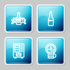 Set line Beer bottle, Plastic beer, Vending machine and Happy hour icon. Vector