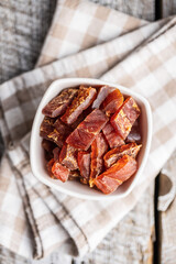 Dried chicken meat. Tasty jerky meat.