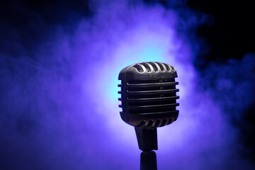 Microphone for sound, music, karaoke in audio studio or stage. Mic technology. Voice, concert entertainment background. Speech broadcast equipment. Live pop, rock musical performance