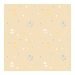 Vector seamless childish pattern with hearts on yellow. Grunge style, shabby street art imitation. Vintage old paper texture.