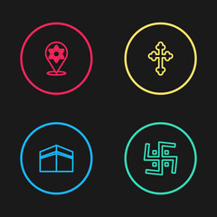 Set line Kaaba mosque, Hindu swastika, Christian cross and Star of David icon. Vector