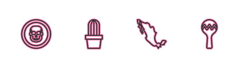Set line Mexican skull coin, Map of mexican, Cactus or succulent pot and Maracas icon. Vector