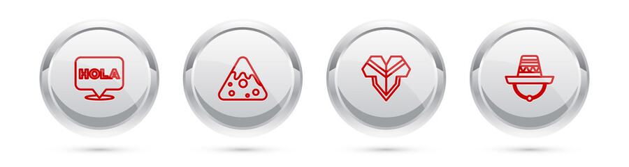Set line Hola, Nachos, Poncho and Mexican sombrero. Silver circle button. Vector © vector_v