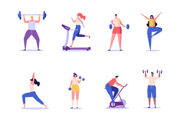 Fototapeta na wymiar People doing sports in the park as a group. Concept of outdoor fitness, outdoor yoga, group exercise in park, fitness outdoors, sports lifestyle. Vector illustration in flat design
