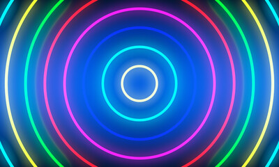 Abstract colorful neon light circles background.
