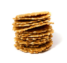 Round Waffle Isolated, Thin Waffled Cookie, Golden Belgian Waffles