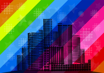 The city is on a rainbow background. Vector illustration