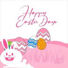 happy Easter banner illustration design, Easter Bunny laying down on the grass with Easter eggs, happy Easter Day