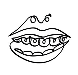 One line drawing of woman's smile with metal braces on her teeth. 
One continuous line drawing of correction of bite concept.