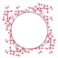 cherry blossom card with floral pattern. wreath of cherry blossom, adorable cherry blossom background with little branches and leaves, free space for your text