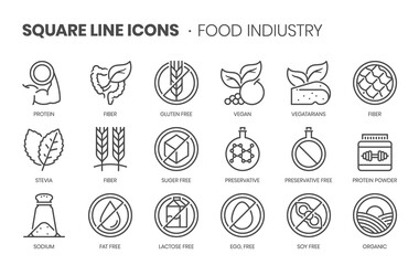 Food industry, square line icon set