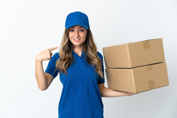 Young Romanian delivery woman isolates on white background giving a thumbs up gesture