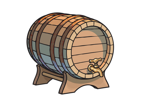 Old wooden barrel with tap on the stand three quarters view. Beer, wine, rum whiskey traditional barrel in cartoon style. Hand drawn vector illustration.