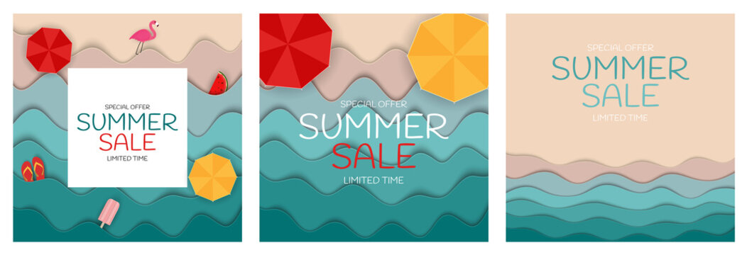 Summer Sale Paper Cut Template Background Collection Poster Set. Special Offer Vector Illustration