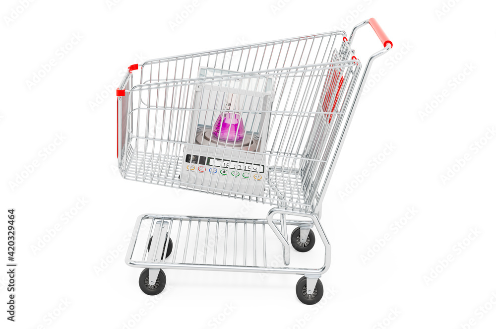 Poster shopping cart with analytical balance, digital lab scale. 3d rendering