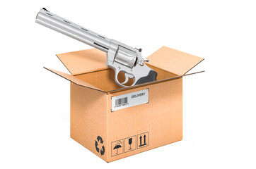Revolver inside cardboard box, delivery concept. 3D rendering