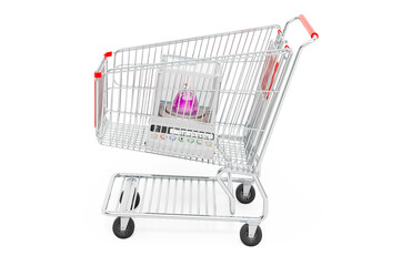 Shopping cart with analytical balance, digital lab scale. 3D rendering