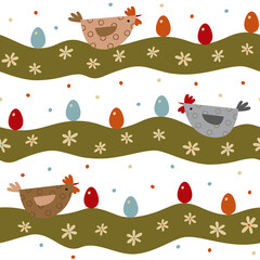 Seamless pattern for Easter day, lawn, chickens, Easter eggs, chamomile. Horizontal Seamless Pattern.