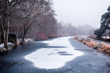 Snow Covered Frozen Canal in Countryside, Ireland