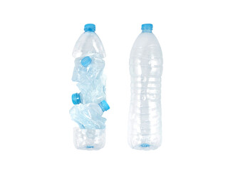 Whole and squashed plastic bottles isolated on white.