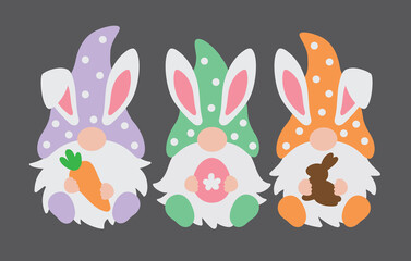 Three happy Easter gnomes with bunny rabbit ears holding a carrot, Easter egg, and chocolate bunny vector illustration.