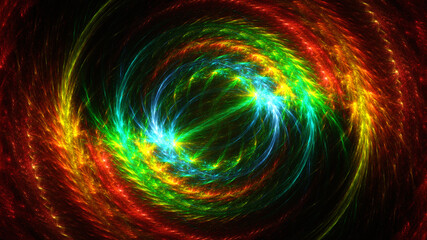 Abstract background, smooth multicolored lines on a black background.