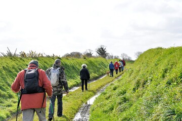 Group of retired hikers on a path in Brittany. France