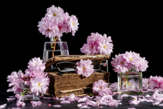 Cherry blossom, sakura flowers in a glass jar on a old book