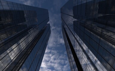 modern high-rise buildings against the sky. 3d illustration on the theme of business success and technology