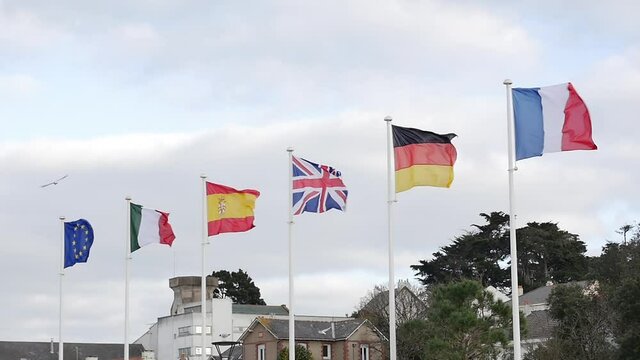 Europe Flags together: Italy, Spain England, Germany, France: Slow motion shot for european sport or relations news