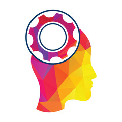 Technology Human Head Logo Icon Design. Digital woman head brain shape with gears idea concept innovation genius.