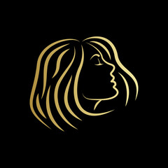 Gold woman line art silhouette isolated on black background