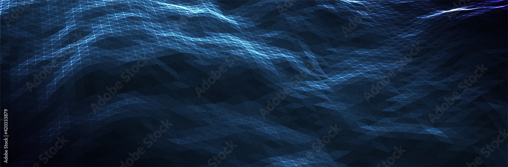 Poster abstract blue background. dark low poly triangle pattern. virtual computer landscape. technology sty
