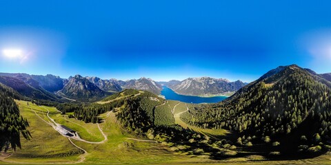 Fototapeta na wymiar Panorama 360 View on Achensee - Achen Lake , alps. Pertisau. Tirol, Austria