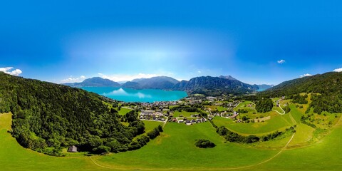 Beautiful amazing countryside panorama 360 view on Attersee, Mondsee lake (Moonlake, moon) im Salzkammergut, alps mountains, Schafberg mountain in from Unterach. Upper Austria, nearby Salzburg.