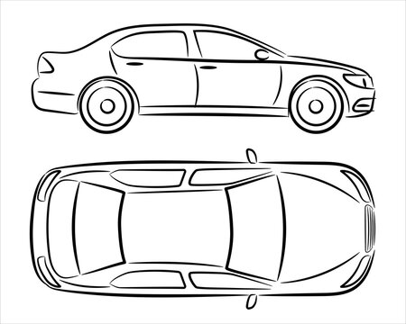 Modern car sedan silhouette on white background. Vehicle icons set view from side and top