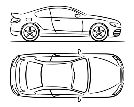 Modern car coupe, abstract silhouette on white background. Vehicle icons set view from side and top. A hand drawn line art.	

