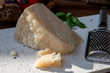 Cheese collection, aged hard Italian sheep cheese black pecorino from Sicily island or pecorino nero di Sicilia.