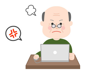 Angry elderly man looking at a laptop computer. Vector illustration isolated on white background.