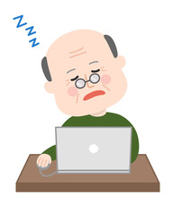 Elderly man falling asleep while using a laptop computer. Vector illustration isolated on white background.